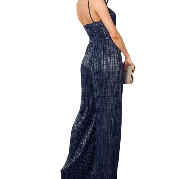 Women`s Sleeveless V-Neck Front Cut Out Shimmer Jumpsuit, Navy, Xsmall-Large - Picture 3 of 6